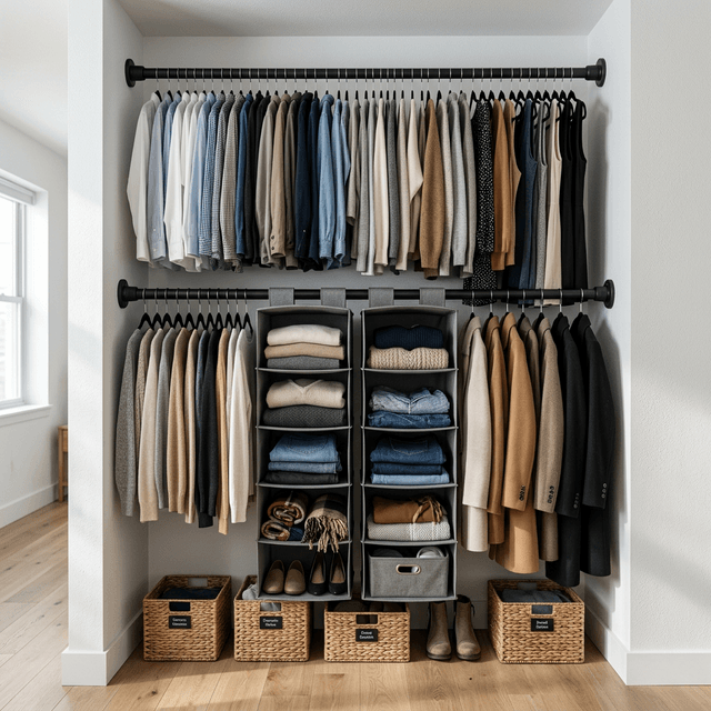 how to organize small apartment closet with no built in shelves