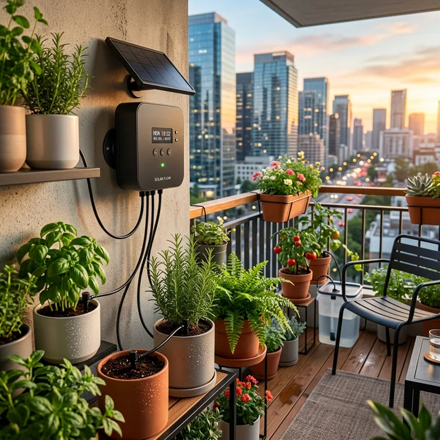 Smart Watering Systems for Balcony Without Tap: The Renter's Engineering Hack 2 Solar-powered drip irrigation on a modern balcony