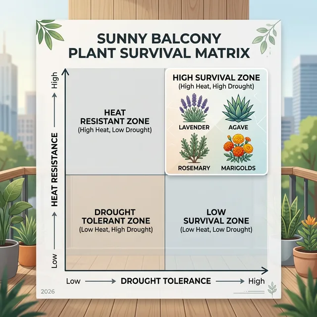 7 Best Low-Maintenance Plants for Sunny Balconies: Thrive in the Heat 3 Infographic of Sunny Balcony Plant Survival Matrix