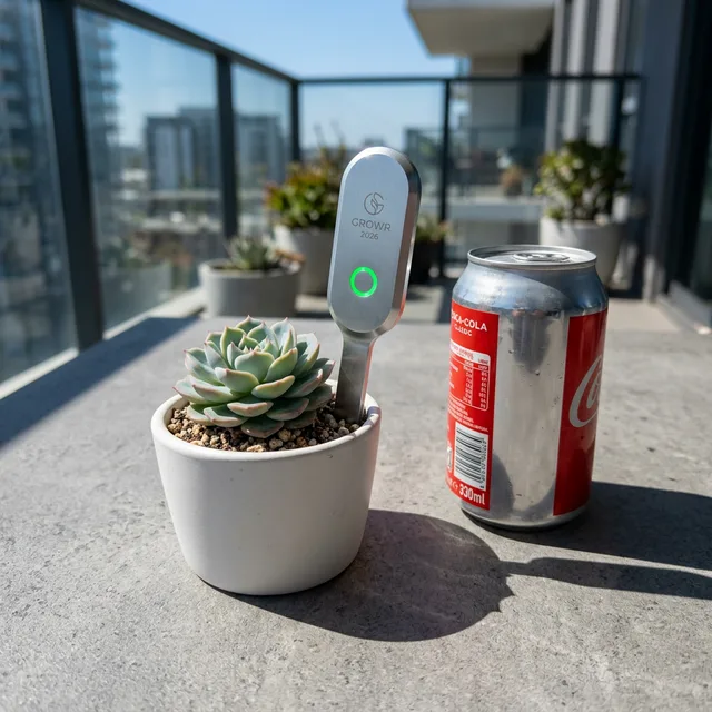 7 Best Low-Maintenance Plants for Sunny Balconies: Thrive in the Heat 5 Mini-succulent next to a 2026 smart soil sensor