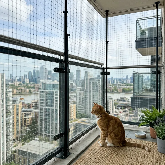 cat sitting safely on balcony with netting
