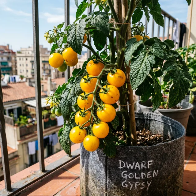 Dwarf Golden Gypsy growing in a fabric bag