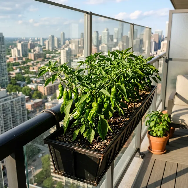 Shishito peppers in a balcony railing planter