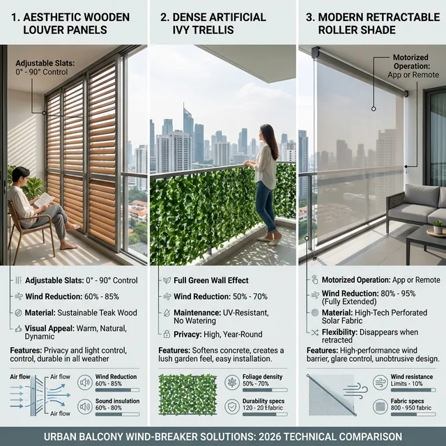 Comparison of wind-breaker types: Louvers, Trellis, and Roller Shades
