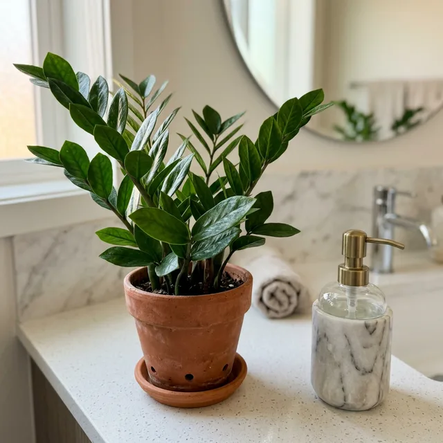 5 Best Low-Light Houseplants for Windowless Bathrooms (Studio Living) 3 zz plant in modern windowless bathroom