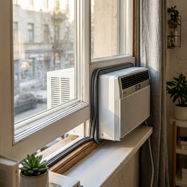 Macro photo of a U-shaped window AC installation