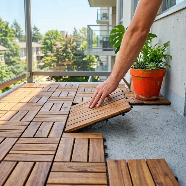 interlocking acacia deck tiles for concrete apartment balcony