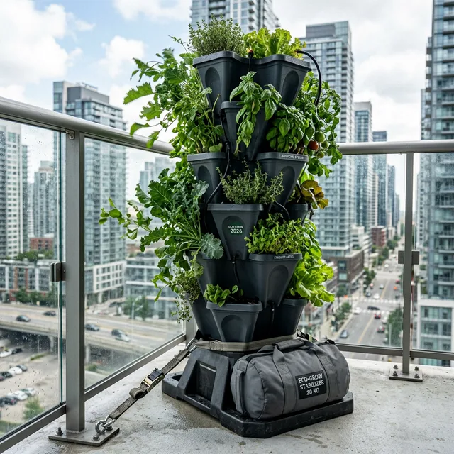 Best Vertical Vegetable Garden Systems for Balconies: The 2026 Space-Saving Review 4 Close-up of a vertical garden tower wind stability test
