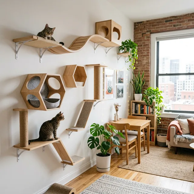 5 Best Cat Tree Alternatives for Small Apartments 2 stylish cat tree alternatives and wall-mounted shelves in a studio