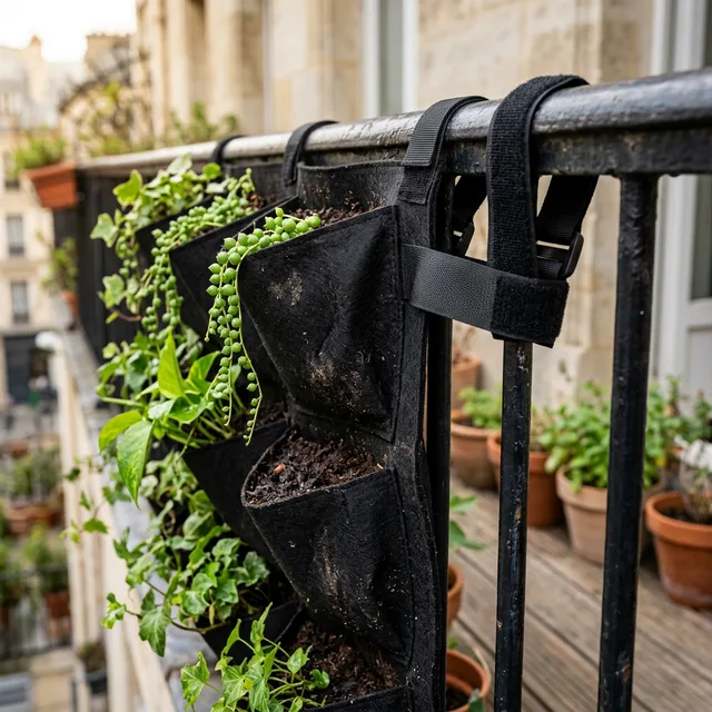 How to Hang Plants on a Balcony Without Drilling (Renter-Friendly) 2 hanging plants on a balcony railing using felt pocket planters