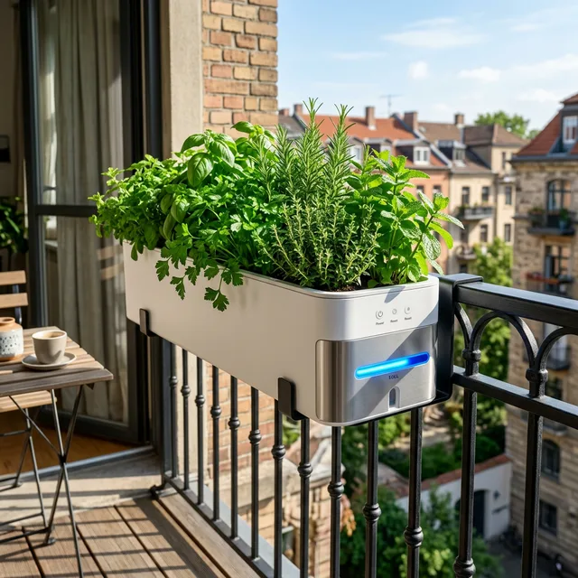 smart self-watering planter compared to regular pots on a balcony