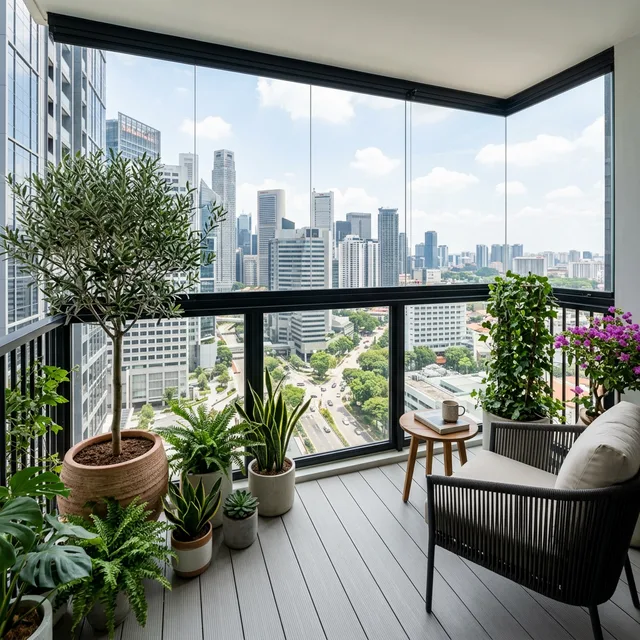 high-rise apartment balcony with wind protection screen and urban view
