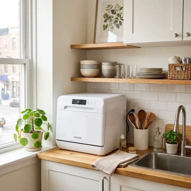 7 Best Countertop Dishwashers for Small Apartments (No Plumbing) 2 compact countertop dishwasher in a small apartment kitchen