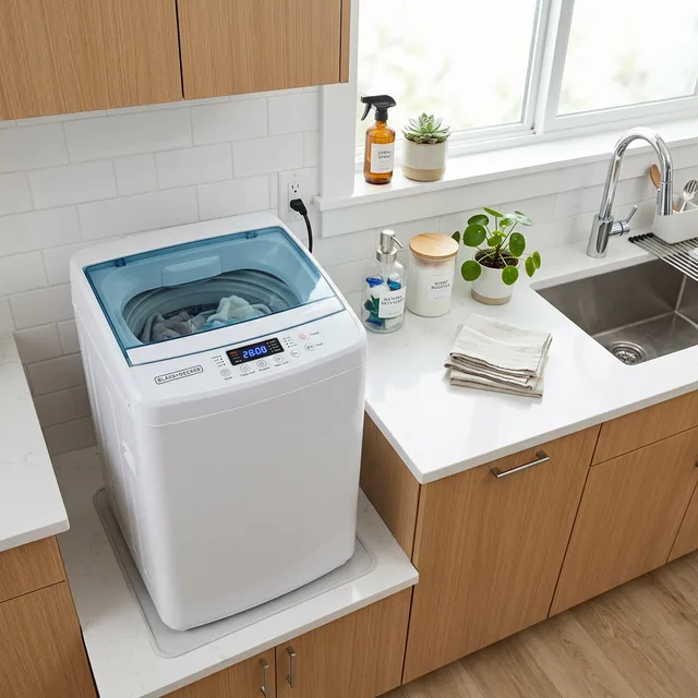 compact portable washing machine in a small apartment kitchen