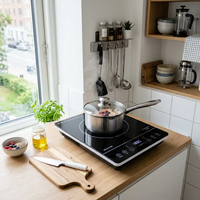 7 Best Portable Induction Cooktops for Micro Kitchens 2 sleek portable induction cooktop on a micro apartment kitchen counter