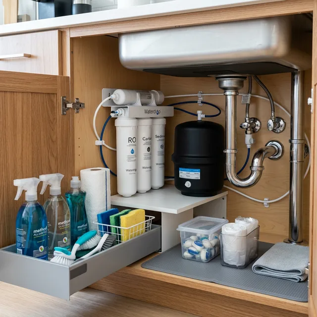 organized under-sink area with a modern water filter system