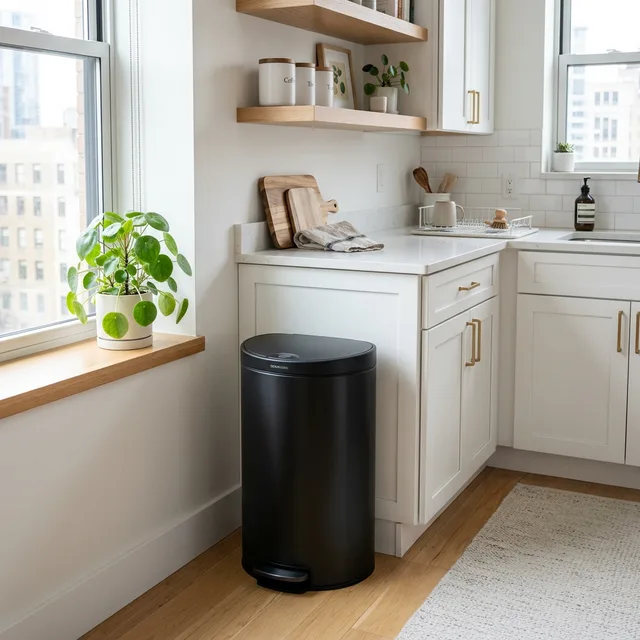 sleek and modern odor-proof trash can in a kitchen