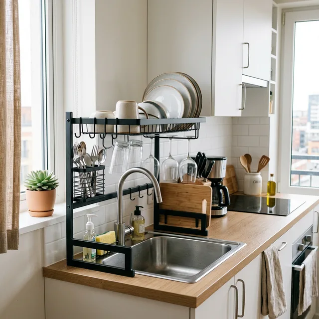 stylish over-the-sink dish rack in a small kitchen