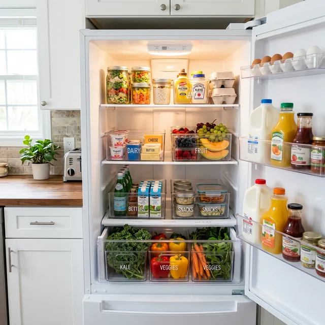 organized refrigerator with clear bins in a small apartment