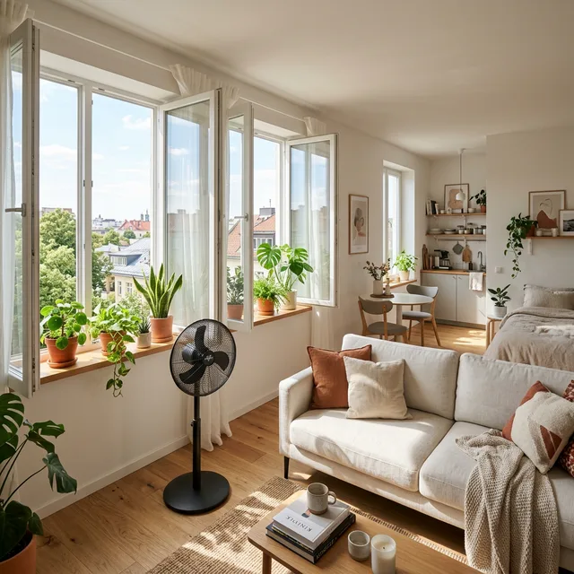 aesthetic studio apartment cooling with open windows and fan