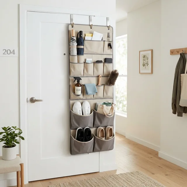 stylish over-the-door organizer on a white apartment door