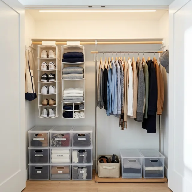 How to Organize Small Apartment Closet With No Built-In Shelves 2 organized individual closet with no permanent shelves