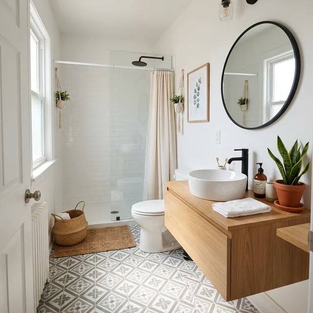7 Best Renter-Friendly Temporary Flooring Options for Ugly Bathrooms 2 aesthetic apartment bathroom with stylish renter-friendly peel-and-stick floor tiles