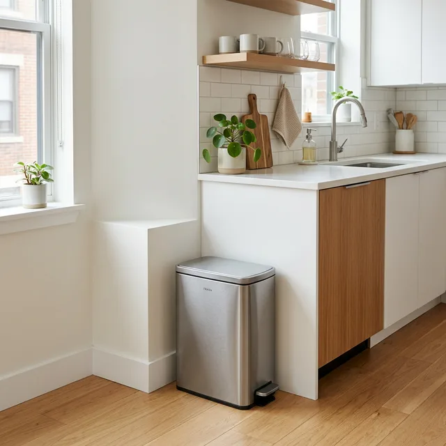 7 Best Small Trash Cans with Lids for Tiny Apartment Kitchens 2 sleek and modern small trash can with a lid in a tiny apartment kitchen