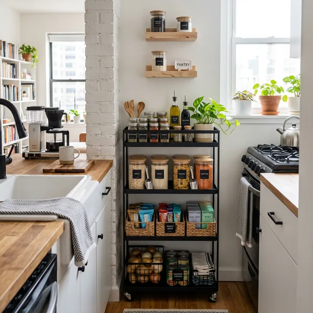 clever and stylish miniature pantry setup in a studio apartment kitchen