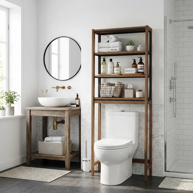 stylish and elegant over-the-toilet storage unit in a modern apartment bathroom