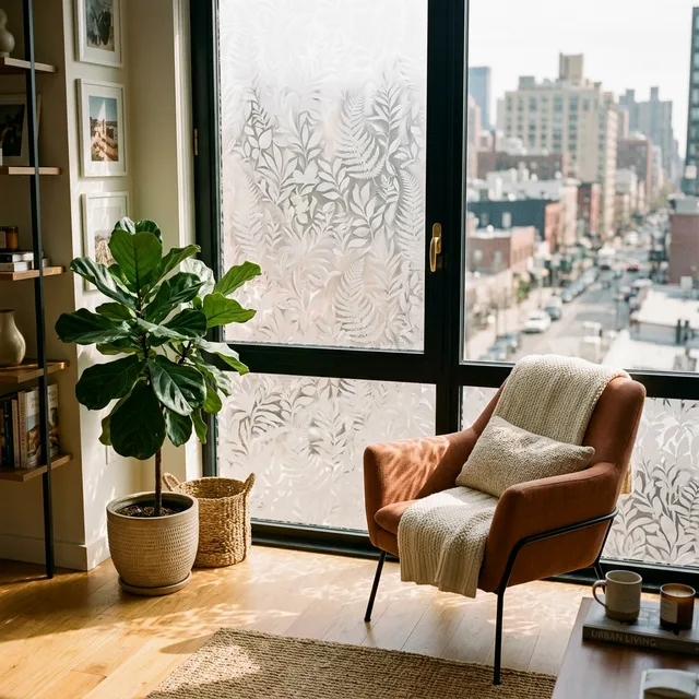 5 Best Renter-Friendly Window Privacy Films 2 beautiful decorative privacy film on a large urban apartment window