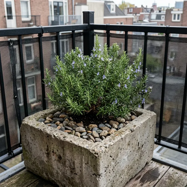 zero waste balcony garden with recycled containers and lush plants