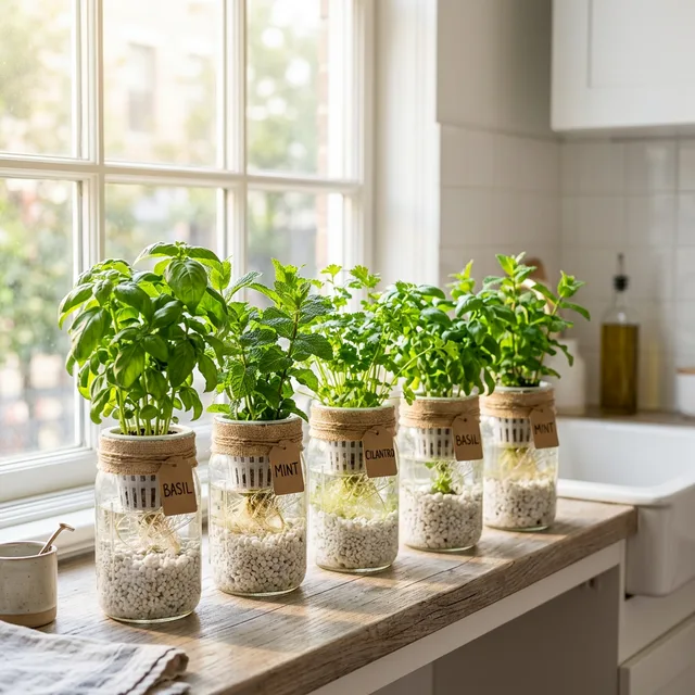 Micro Herb Garden Indoors: Windowsill and Desk Setups Under $30 2 micro herb garden indoors using mason jars on a windowsill