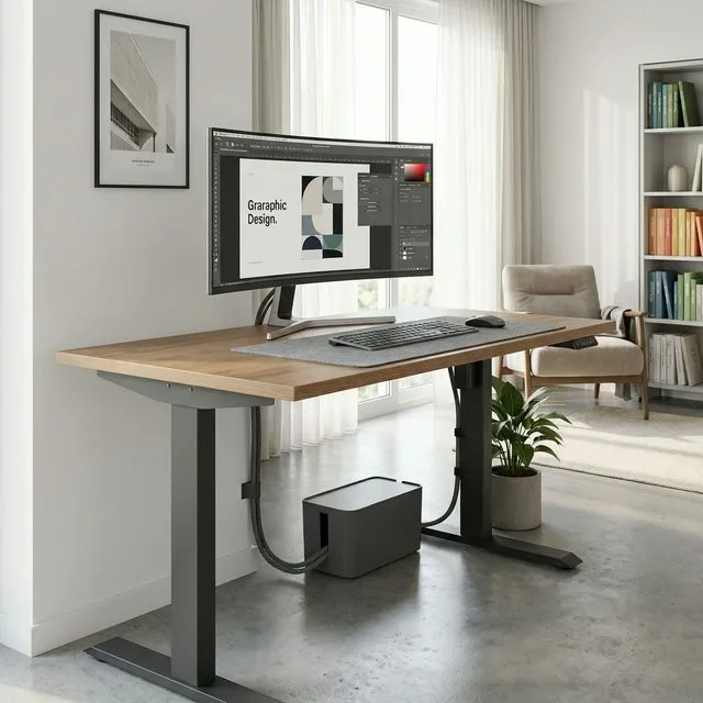 hidden tech and cable management in a small studio office