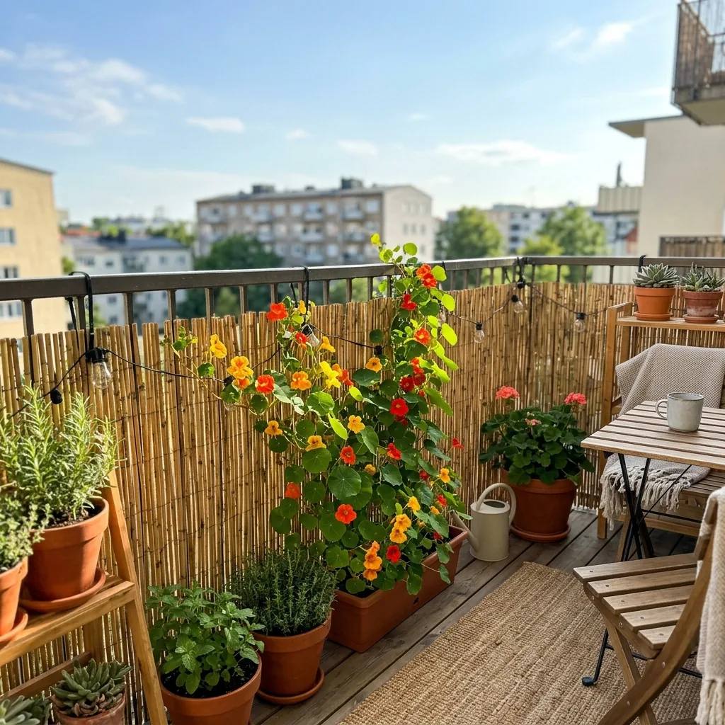 Apartment Balcony Garden Ideas: 15 Real Renter Setups 4 Freestanding bamboo privacy screen attached to a balcony railing with blooming climbing nasturtiums