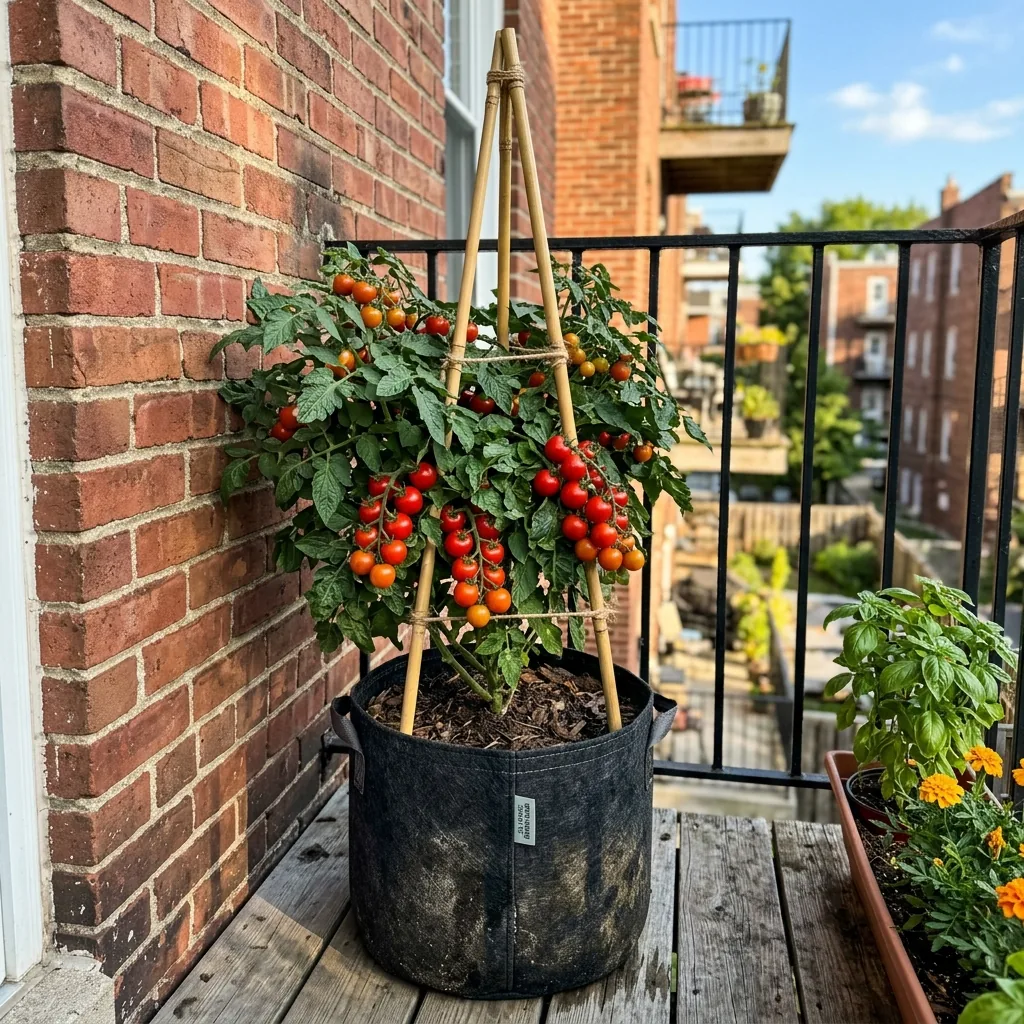 Apartment Balcony Garden Ideas: 15 Real Renter Setups 3 Compact cherry tomato plant supported by bamboo stakes in a large fabric grow bag on an apartment balcony