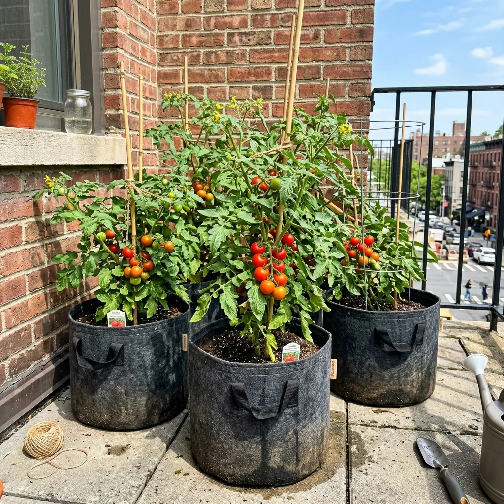Lightweight fabric grow bags holding lush tomato plants against an apartment balcony brick wall