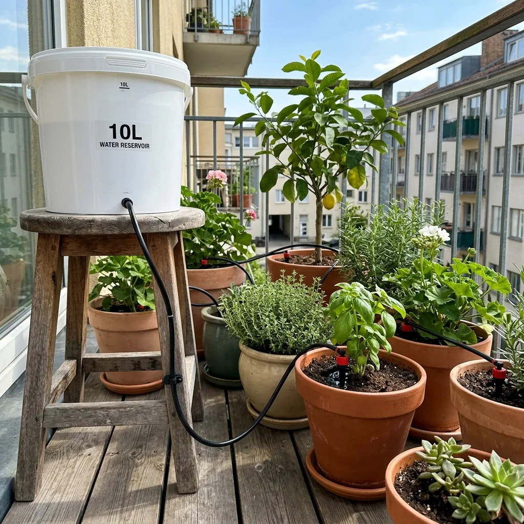 10L reservoir bucket elevated on a stool feeding a gravity drip irrigation kit with tubing down to plant pots