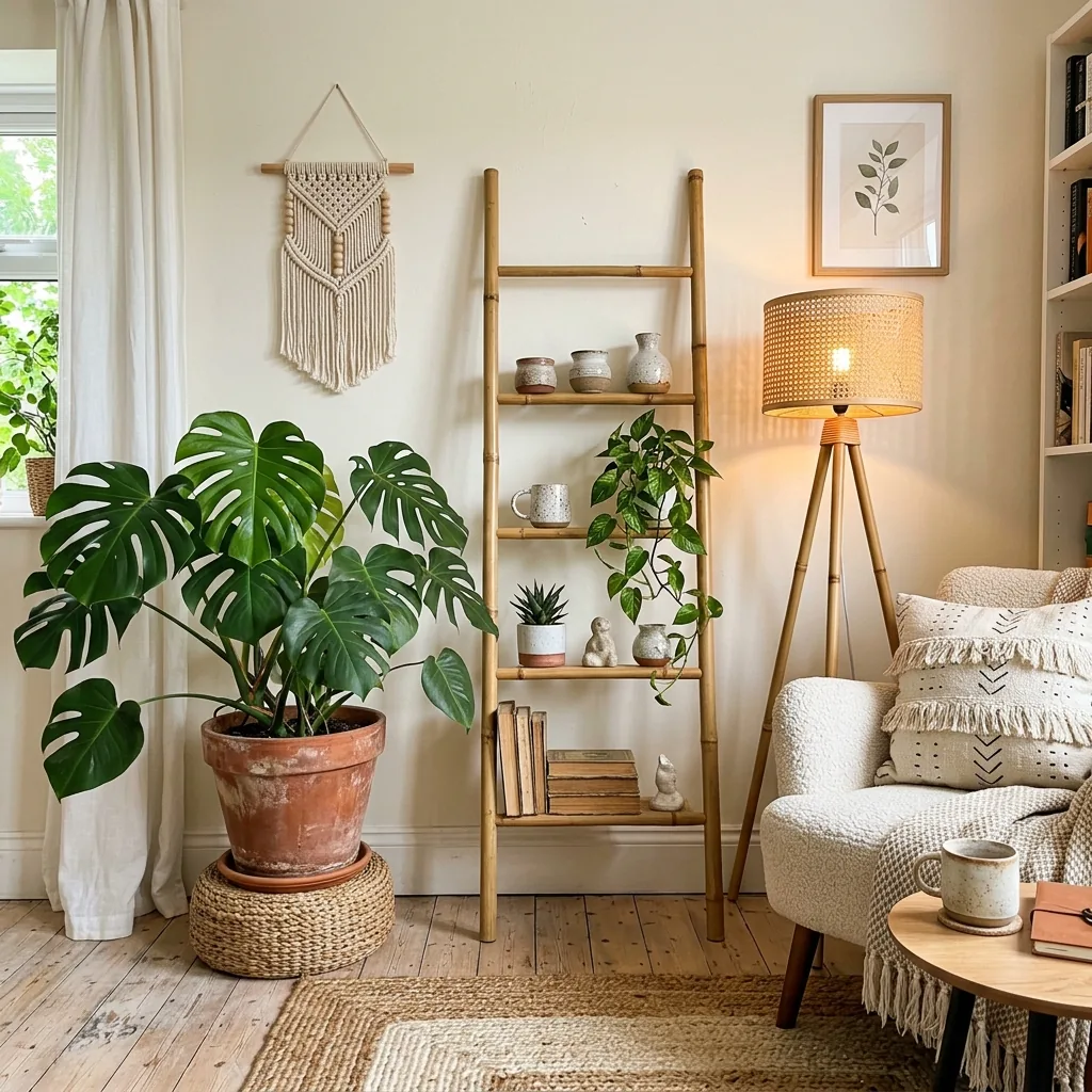 Cozy boho focal corner in an apartment living room with leaning ladder shelf, monstera plant, and rattan floor lamp