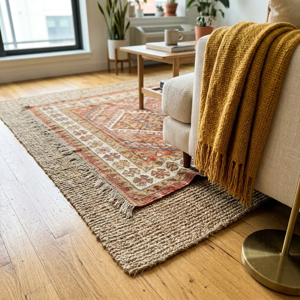 Natural jute rug layered underneath a patterned kilim rug on an apartment floor with a textured ochre throw nearby
