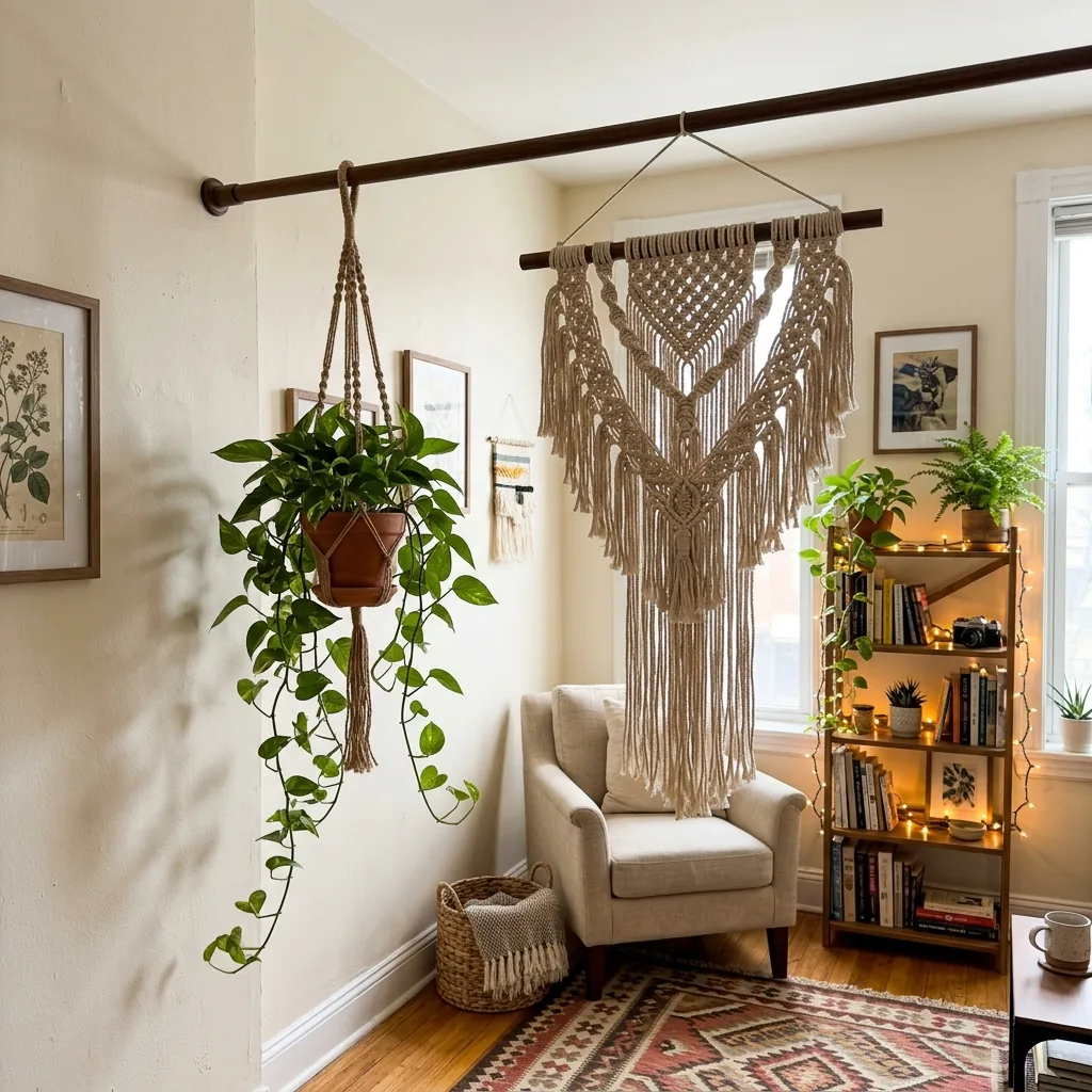 No-drill tension rod placed between two apartment walls hanging a macrame piece and trailing pothos plant