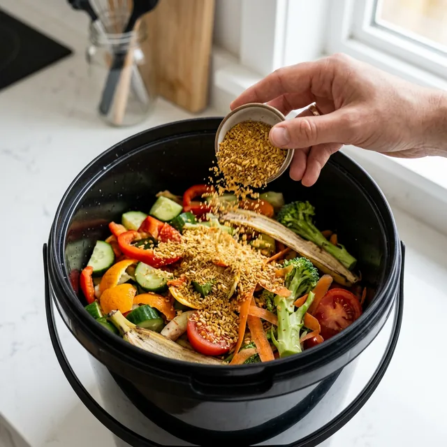 Close-up of sprinkling Bokashi Bran over food scraps