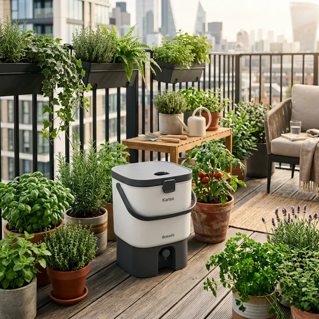 Aesthetic Bokashi bin on a modern balcony