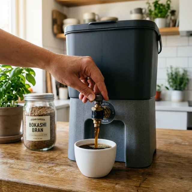 Draining Bokashi Tea from the spigot into a cup