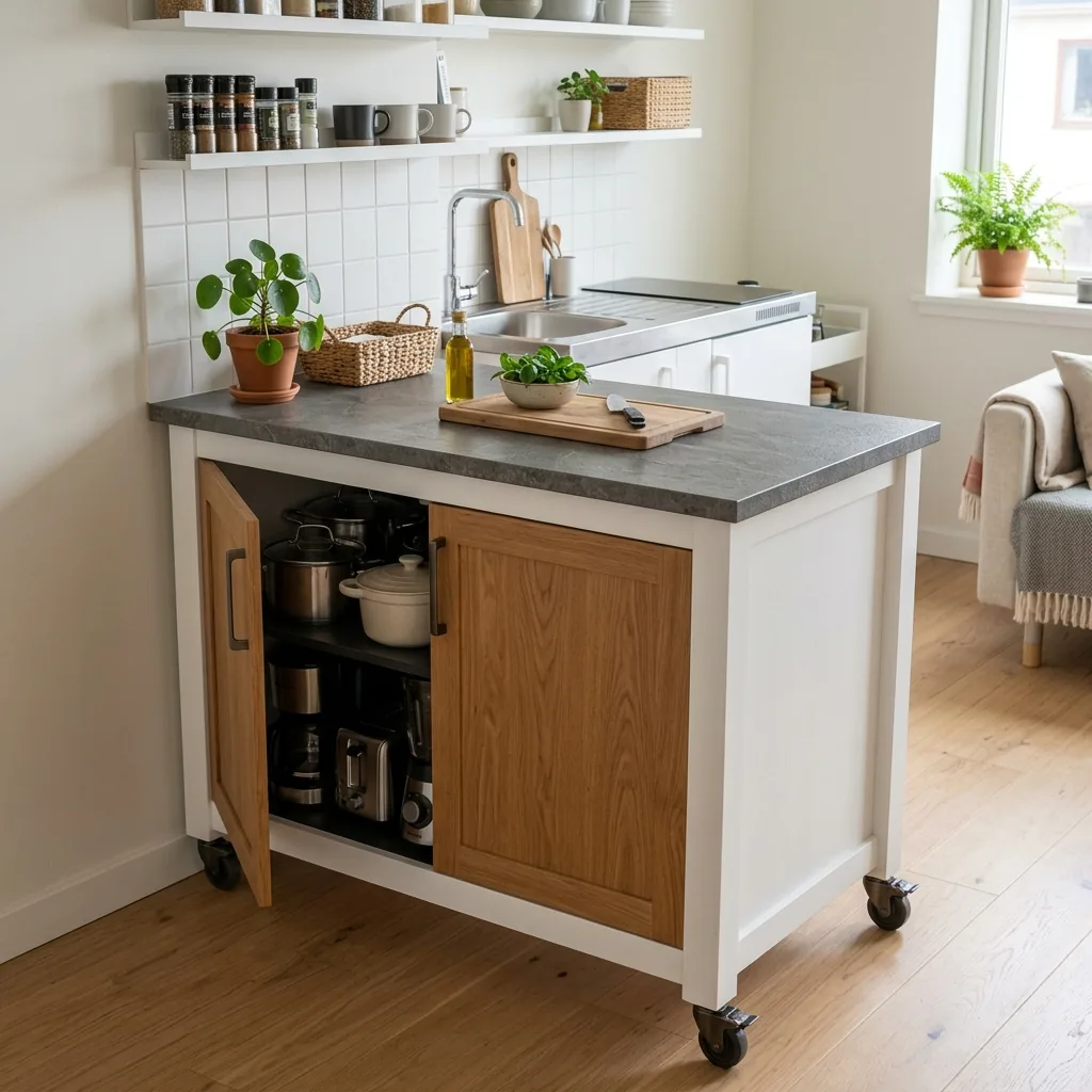 Compact kitchen island with closed storage for small apartments