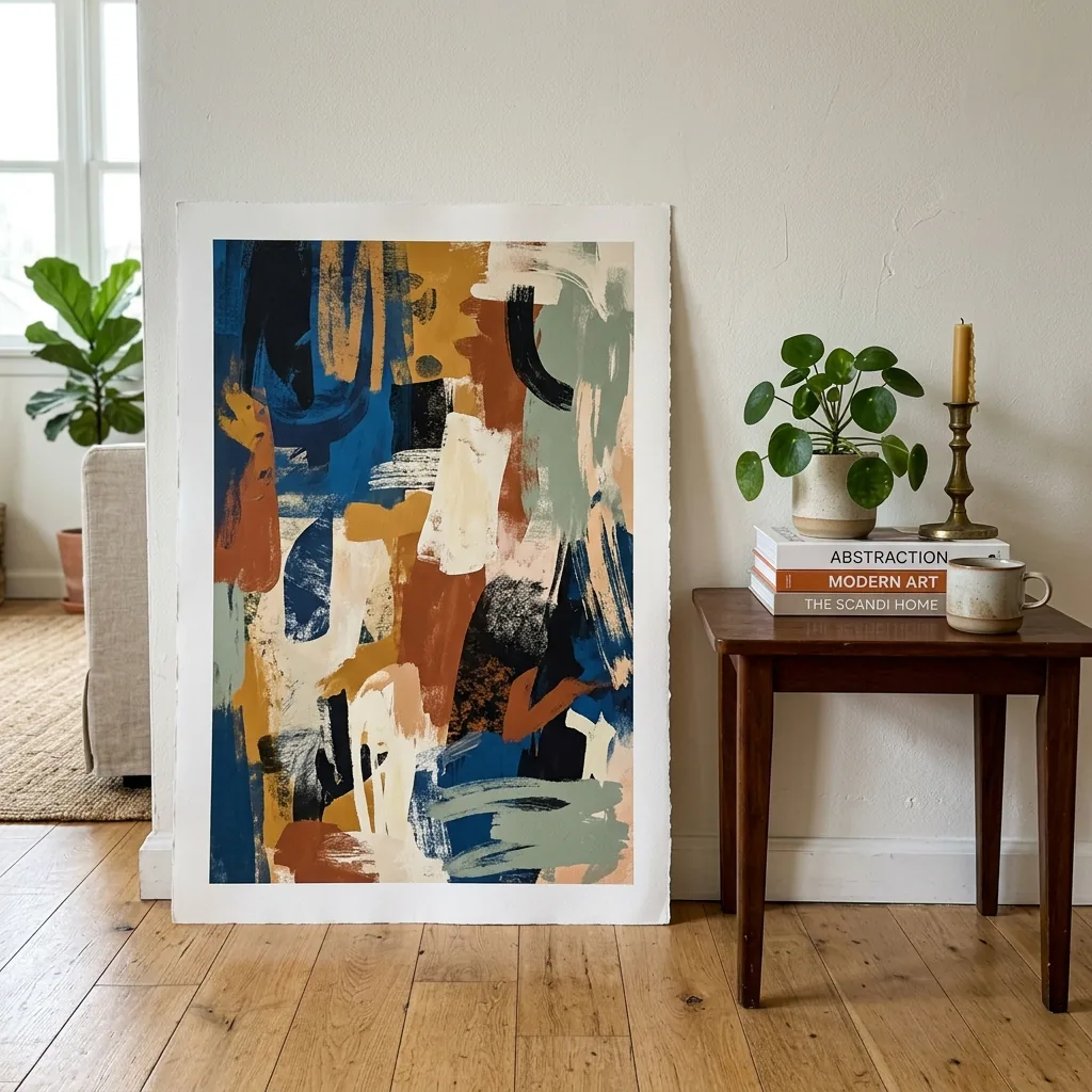 Large abstract 24x36 inch art print leaning against an apartment wall next to a vintage side table