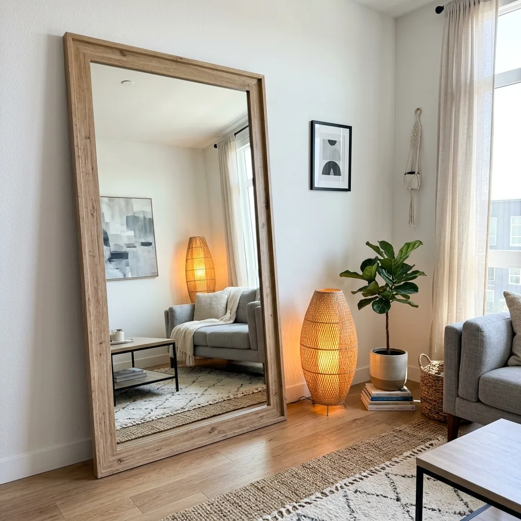 Oversized wooden floor mirror leaning against a white apartment wall reflecting warm light from a rattan lamp
