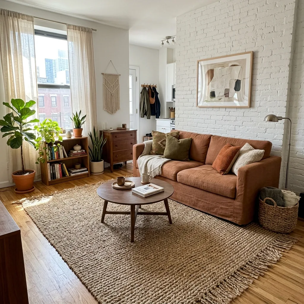 Large natural jute statement rug anchoring a small living room with an earthy-toned sofa in intense natural light