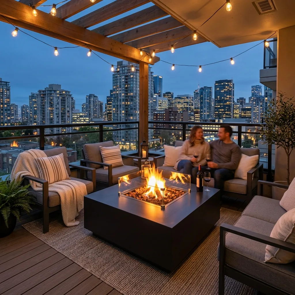 Large Costway fire pit table glowing safely under string lights on an evening apartment balcony