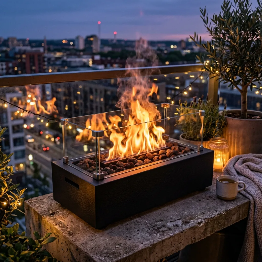 Dimplex Opti-Myst tabletop variant realistically mimicking flames on a balcony ledge at twilight
